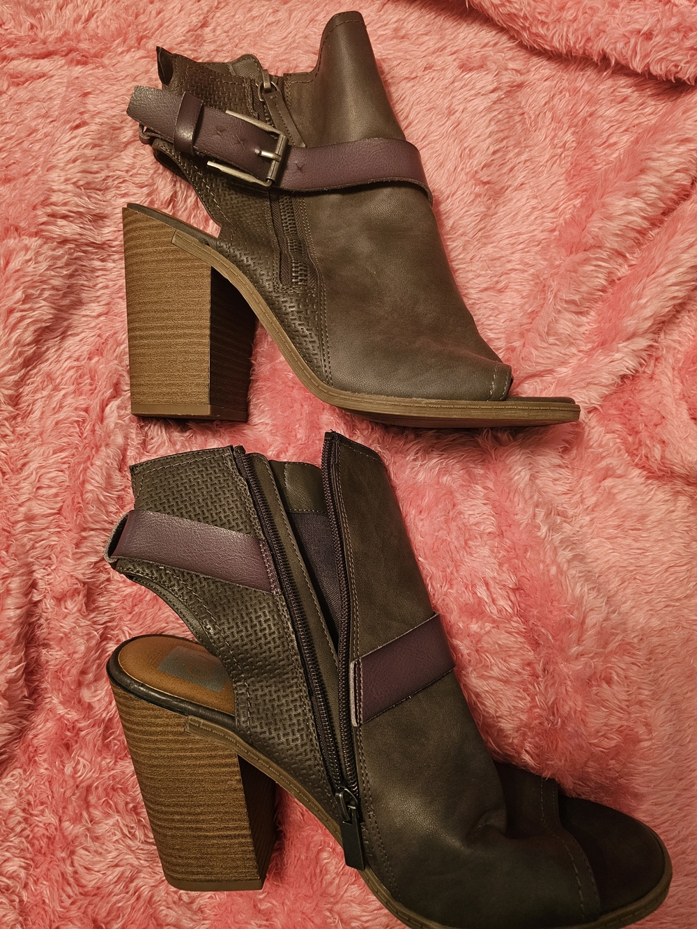 DV by Dolce Vita Brown Peep-Toe Heeled Ankle Boots with Purple Strap